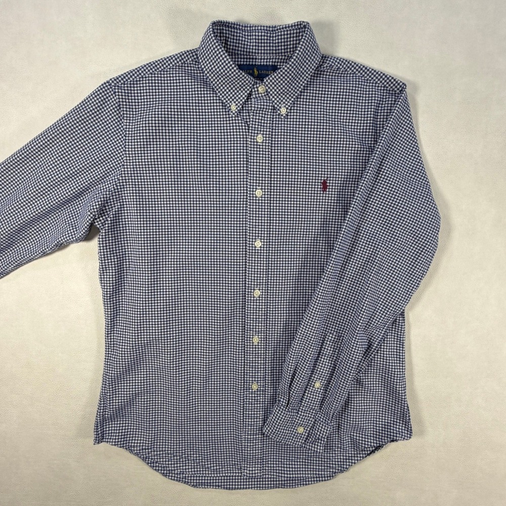 Ralph Lauren‎ Mens Large Slim Fit Stretch Oxford Gingham Shirt Navy Blue White